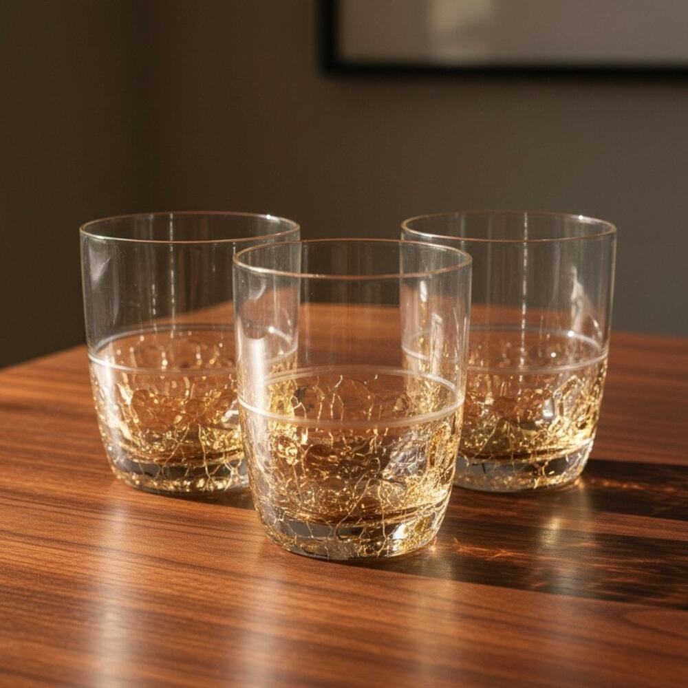 Vintage Elements Crackle Glass Rocks Glasses Set 3-Amber Whiskey Lowball Tumbler